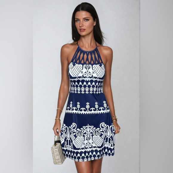 Blue Boho Argyle Print Cut Out Halter Neck Dress - Picture 1 of 5